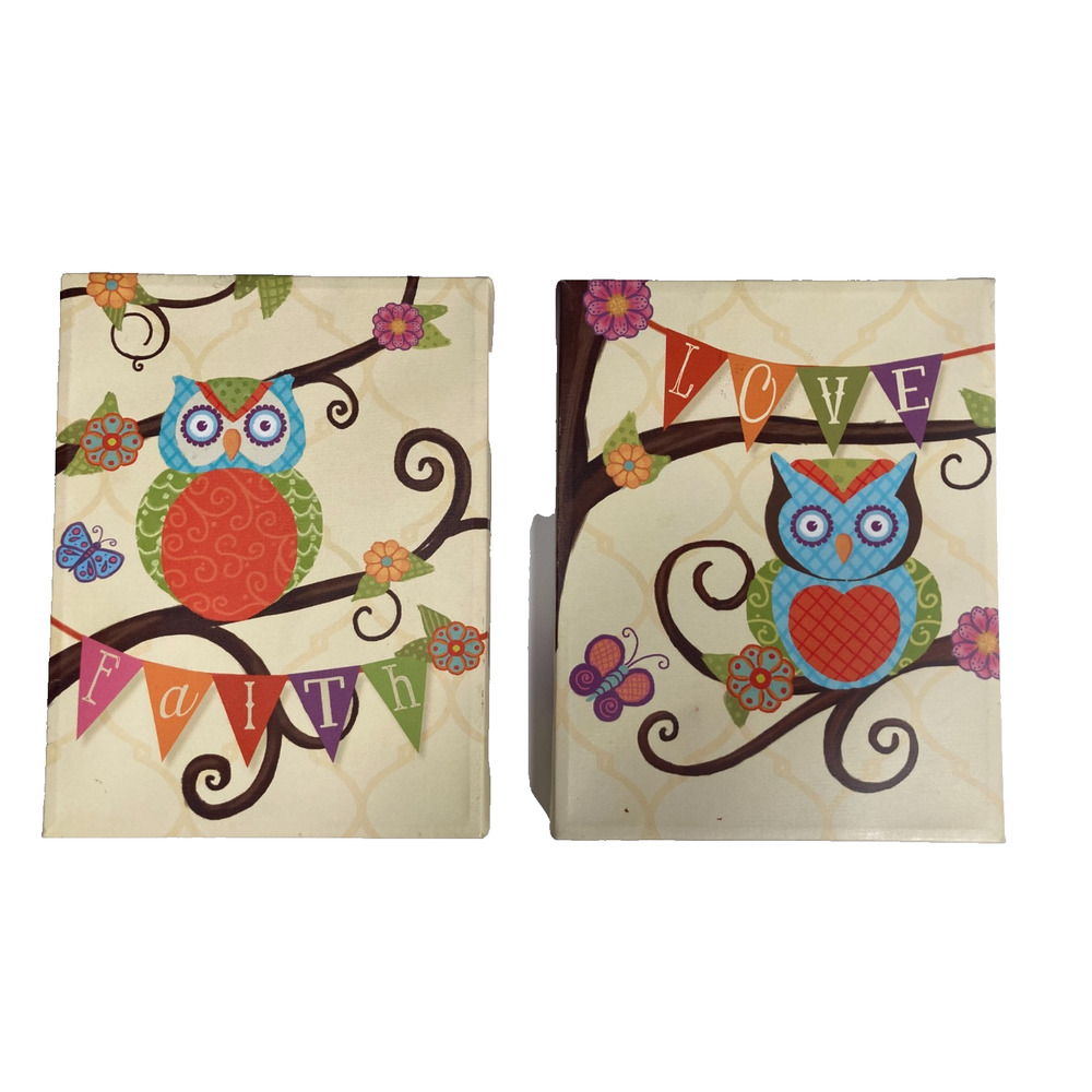 whimsical canvas owl paintings words "LOVE" and "FAITH" childrens room decor 9x7